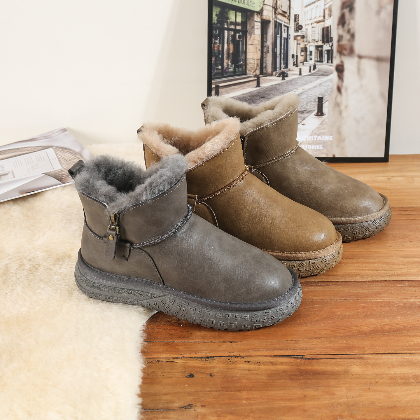 纯羊毛牛皮女款时尚雪地棉加绒加厚 冬季大棉鞋光面皮防滑防水