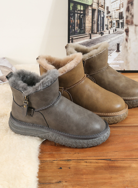 纯羊毛牛皮女款时尚雪地棉加绒加厚 冬季大棉鞋光面皮防滑防水