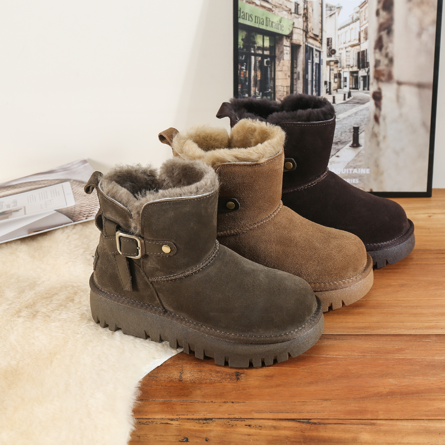 冬季全羊毛磨砂皮中筒雪地靴，磨砂时尚雪地棉平跟靴子东北大棉鞋