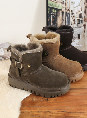 冬季全羊毛磨砂皮中筒雪地靴，磨砂时尚雪地棉平跟靴子东北大棉鞋