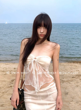 泰国新款小众设计感海岛度假拍照性感蕾丝抹胸分体长裙温泉泳衣女