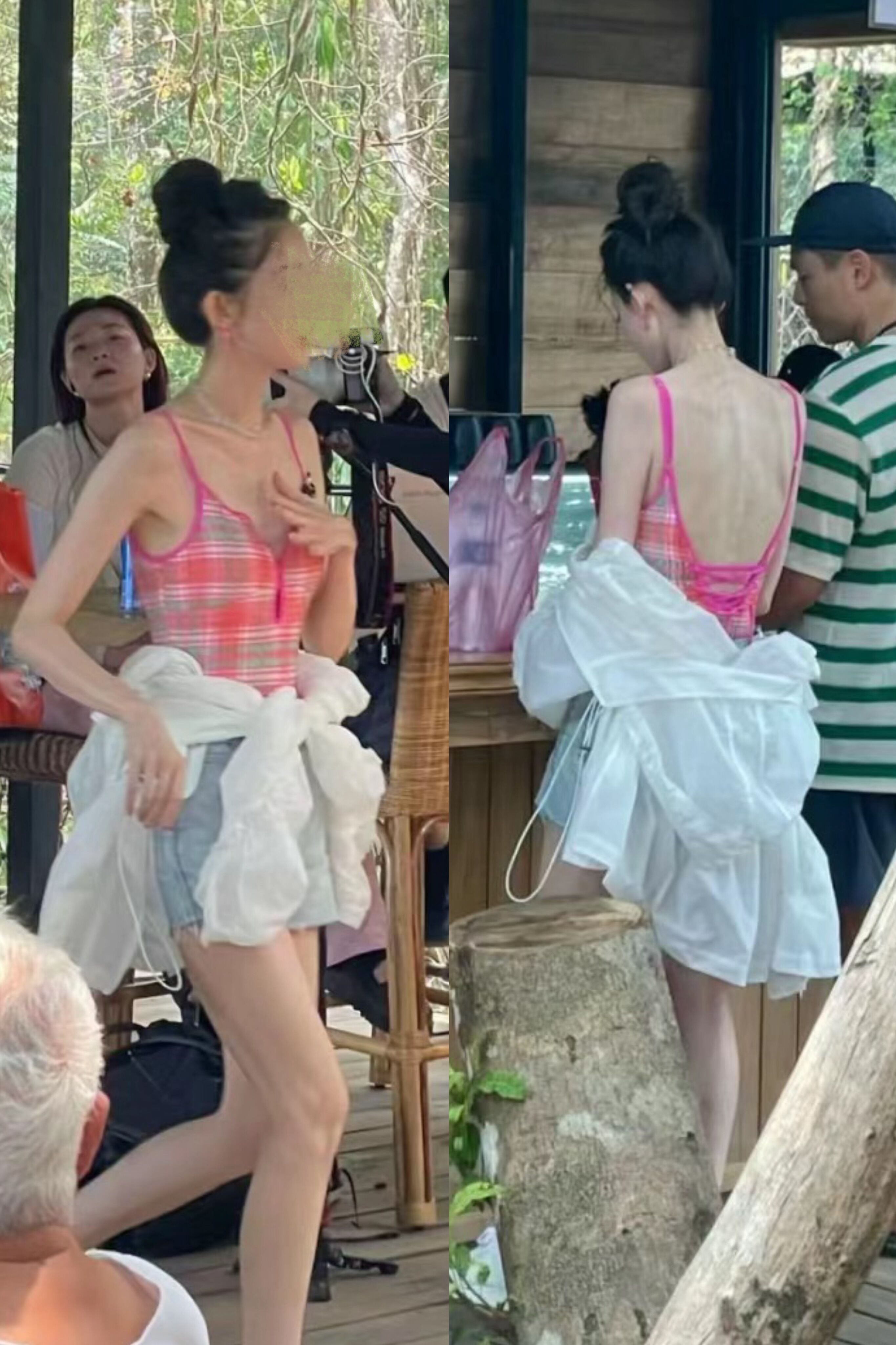 粉色格子女连体三角娜扎同款泳衣