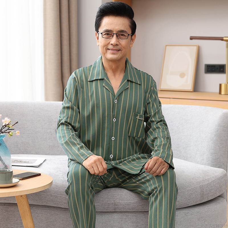 中老年睡衣男秋季高档男装纯棉男长袖全棉春秋款可外穿家居服套装