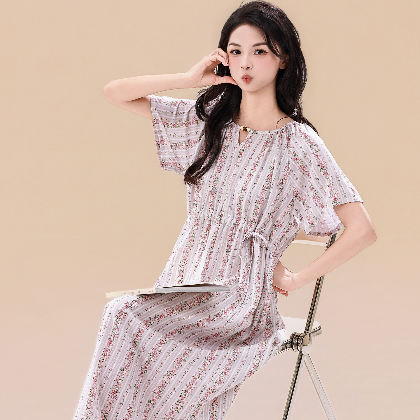 高贵睡裙女夏季纯棉绸薄款中年妈妈睡衣短袖绵绸长裙可外穿连衣裙