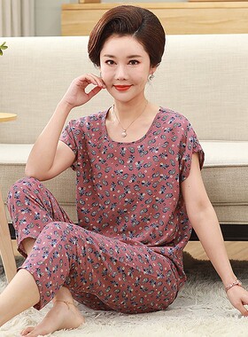 中老年睡衣女夏纯棉棉绸短袖妈妈绵绸薄款居家休闲外穿家居服套装