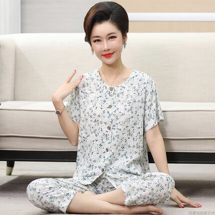睡衣女夏短袖纯棉绸薄款中老年妈妈开衫可外穿休闲绵绸家居服套装