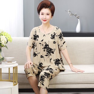 妈妈睡衣女夏季纯棉绸韩版短袖婆婆中年薄款可外穿老人家居服套装