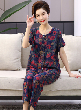 睡衣女夏纯棉棉绸短袖妈妈开衫女装中老年绵绸居家外穿家居服套装