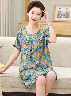 中老年妈妈睡裙女夏纯棉绸家居服