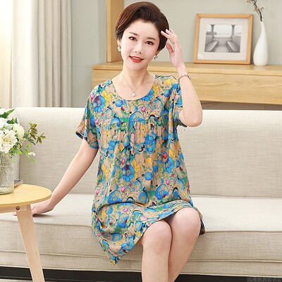 中老年妈妈睡裙女夏纯棉绸家居服