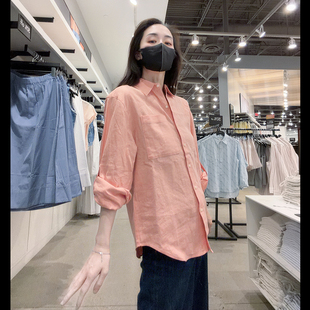 Calvin Klein CK女士时尚休闲舒适显瘦宽松版亚麻长袖衬衫CW754