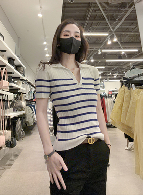 Calvin Klein CK女士新款舒适弹力条纹Polo衫领针织短袖上衣CW603