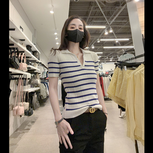 Calvin Klein CK女士新款舒适弹力条纹Polo衫领针织短袖上衣CW603