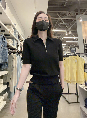 Calvin Klein CK女士新款舒适高密度针织拉链翻领短袖上衣CW622