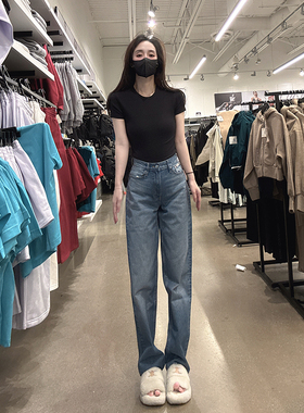 CK Calvin Klein女士新款中腰直筒微弹阔腿显瘦舒适牛仔裤CW66