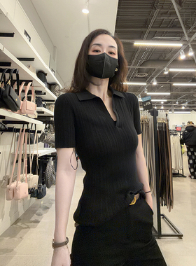 Calvin Klein CK女士新款舒适弹力打底Polo衫领针织短袖上衣CW605