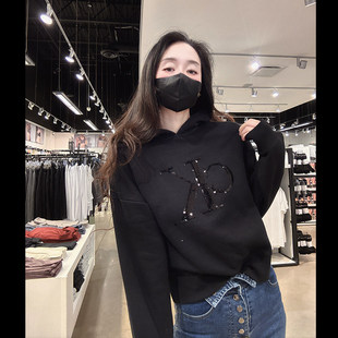 Calvin Klein CK秋冬新款女士时尚亮片Logo加绒连帽套头卫衣CW353