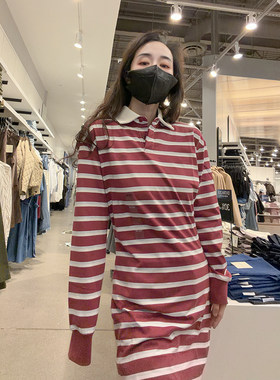 CK女士条纹棉质长袖连衣裙
