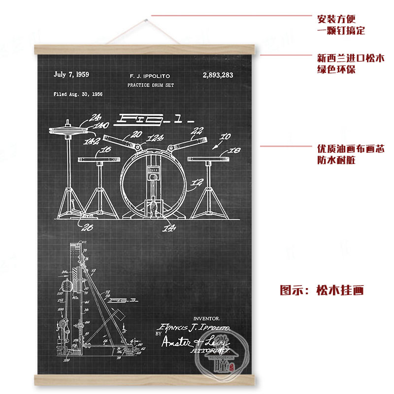 简美风精致架子鼓练习鼓组设计结构图油画布海报实木音乐厅装饰画