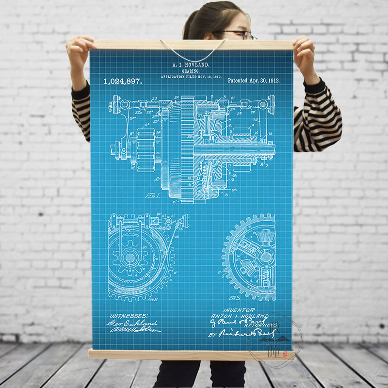 精致复古分解机械传动装置设计结构图油画布海报实木办公室装饰画