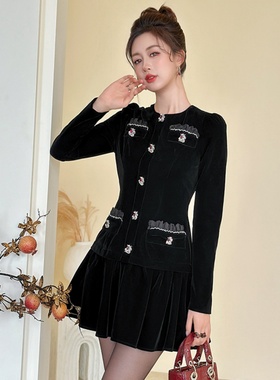 21920 小香风黑色连衣裙欧货新款洋气减龄收腰气质丝绒连衣裙