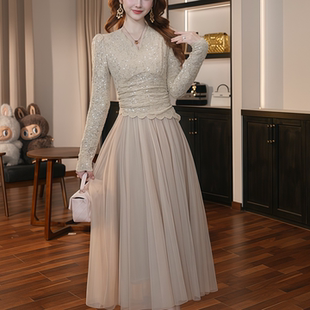 45463 设计师新款法式优雅千金风拼接蕾丝V领连衣裙名媛风轻奢