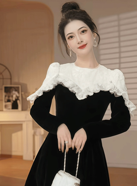 21975 减龄显瘦黑色连衣裙女亮片拼接a字裙蕾丝拼接长袖丝绒短裙