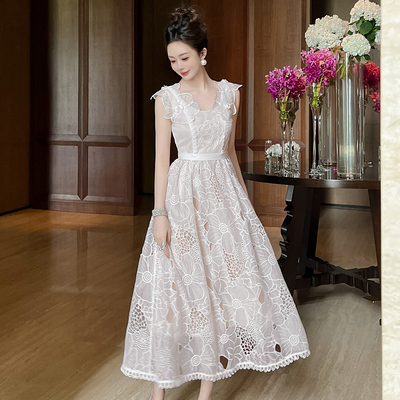 15152浪漫复古无袖露背小礼服平时可穿蕾丝显瘦吊带连衣裙长款