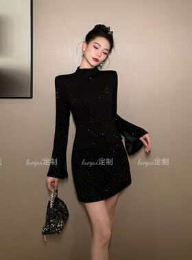 轻奢法式显瘦气质时尚名媛亮闪闪开叉袖连衣裙 21555