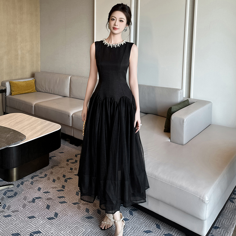 9883长裙夏季女网纱高级感收腰显瘦茶歇法式无袖连衣裙气质赫本风