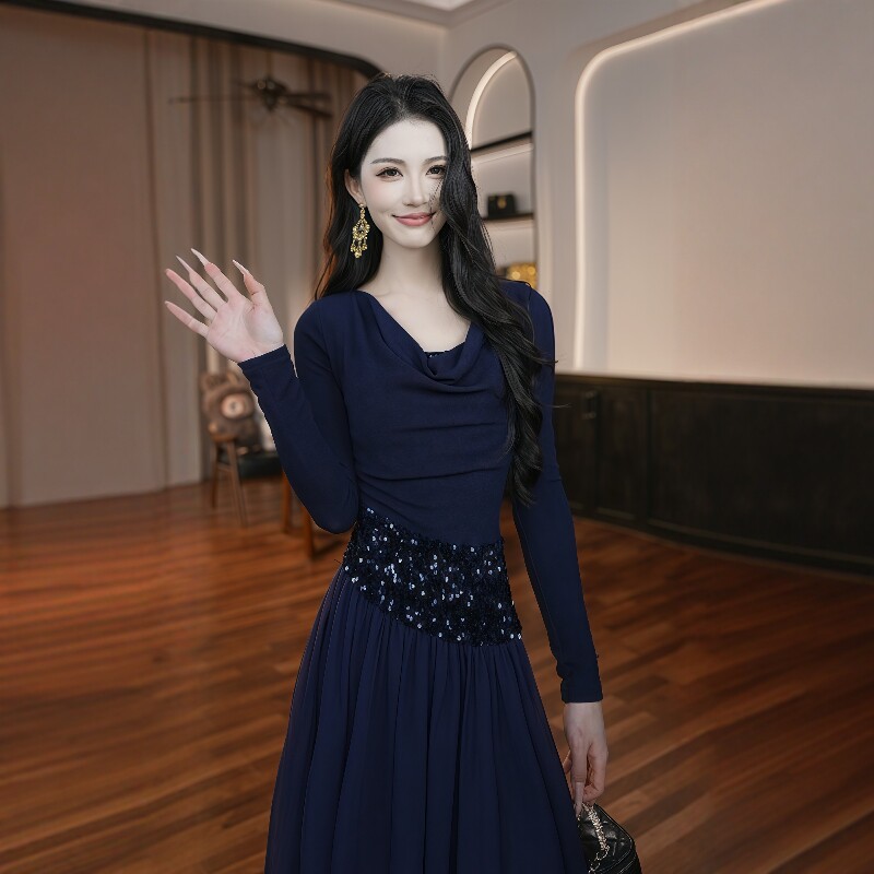 28020轻奢精致飘逸显瘦礼服裙新款拼接荡领收腰蓝色大摆连衣裙女