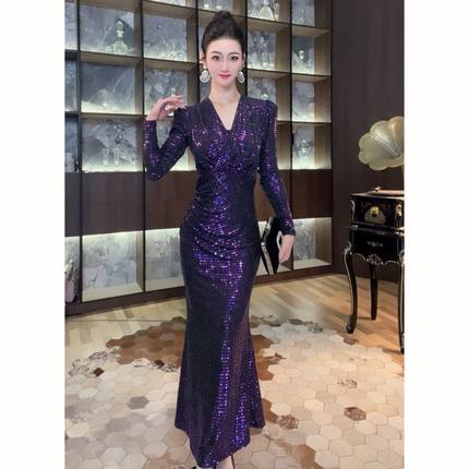 21564显瘦气质长袖高贵修身名媛宴会时尚优雅高贵轻奢长款连衣裙