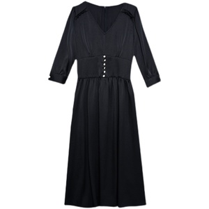 RM19059#新款中长款赫本风气质洋气高腰a字v领显瘦黑色连衣裙女