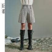 日着拂衣去休闲短裤 子女士 a字高腰条纹显瘦亚麻裤 2025新款 薄夏季
