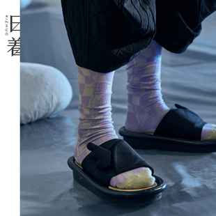 日着原创水影格子中筒袜子2026夏季新款精梳棉纱薄款百搭游侠袜女
