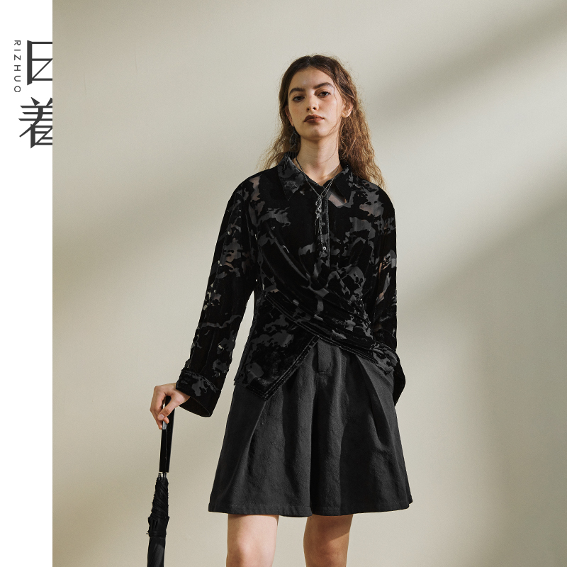 日着商场同款真丝绒气质烧花衬衫