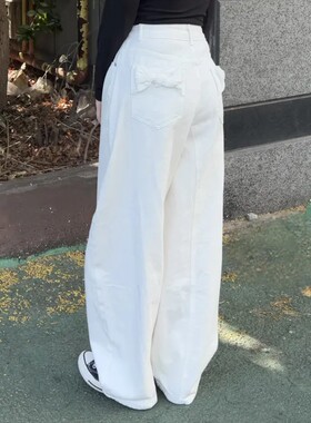 韩系显身材四季款臀部口袋蝴蝶结宽松扭结阔腿牛仔长裤子女