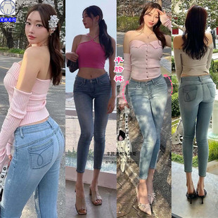 丰胯裤水洗蓝紧身绣花小脚牛仔裤女时尚简约百搭铅笔九分裤