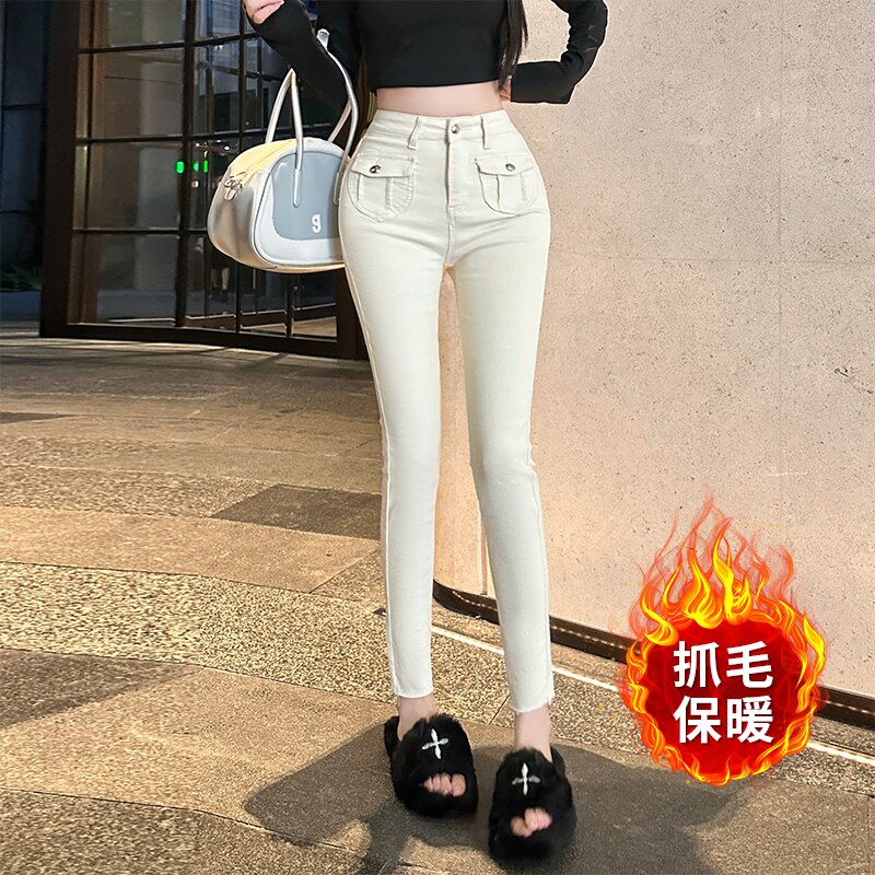 韩女超爱的小脚裤 立体口袋磨毛保暖牛仔裤纯欲气质紧身裤子