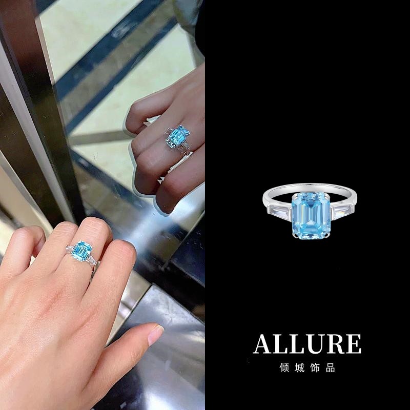培育高碳钻海蓝宝925纯银戒指女轻奢时尚新款方形彩宝4ct钻戒婚戒