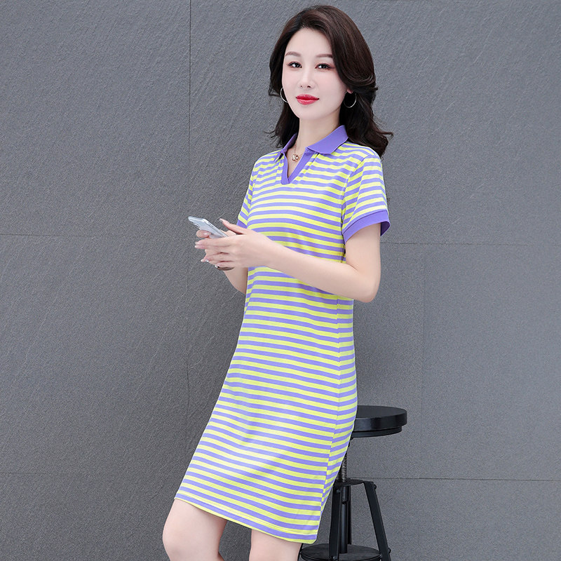 高档POLOV领连衣裙女纯棉条纹撞色直筒A字裙中长裙子显瘦时尚洋气