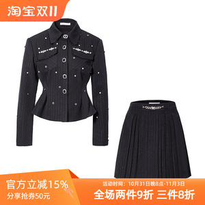 套装女2023新款春秋时尚气质显瘦黑色收腰外套半身裙高级感两件套