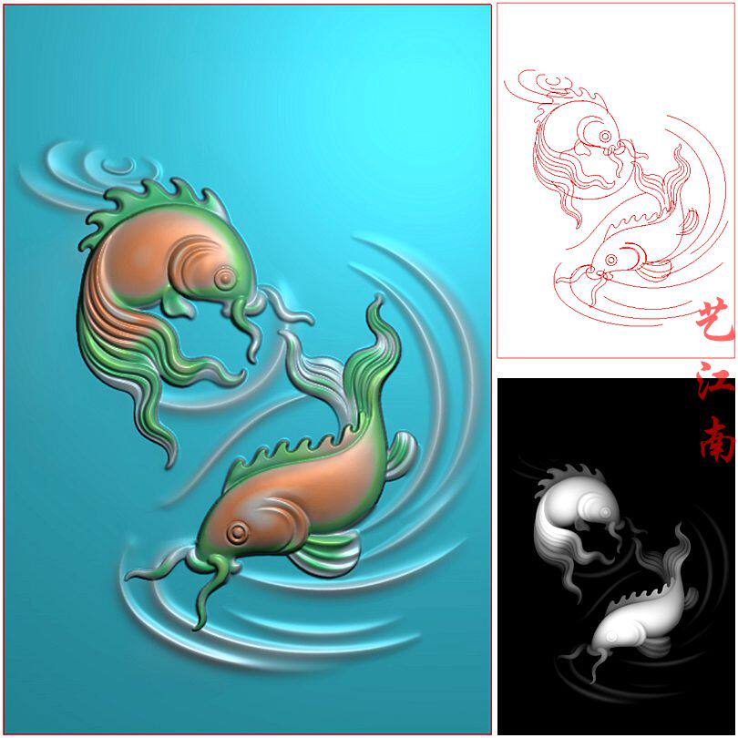 2666简单双鱼46简约牌子挂件浮雕精雕jdp灰度bmp格式玉雕图