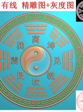 3487八卦后天八卦太极圆形回纹边框浮雕精雕JDP灰度BMP格式木雕图
