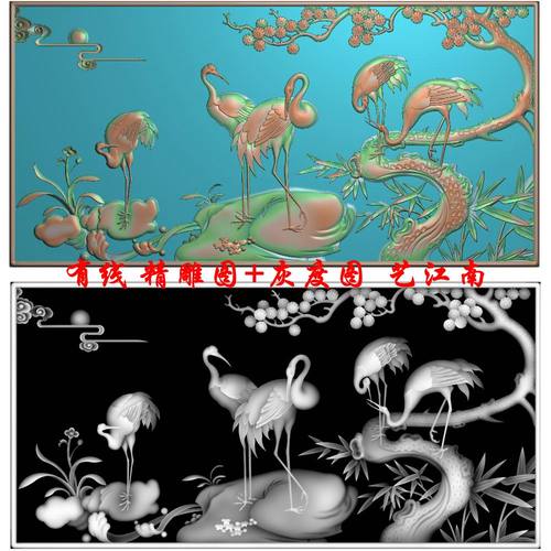 1157松鹤延年屏风背景墙牌匾花板浮雕精雕JDP灰度BMP格式木雕图