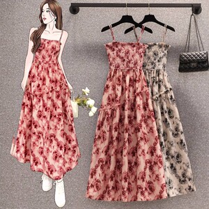 干枯玫瑰微胖mm红色吊带连衣裙女波西米亚别致小众绑带显瘦长裙子