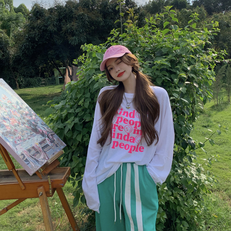 Real price ~ Korean summer loose and versatile smiley face letter Print Long Sleeve sunscreen T 3 color