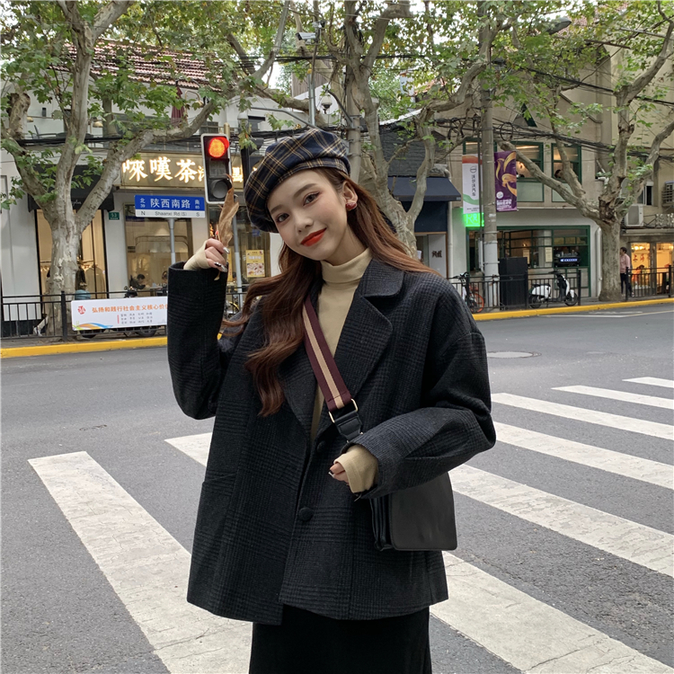 Real price Korean loose single breasted Plaid suit with cotton jacket