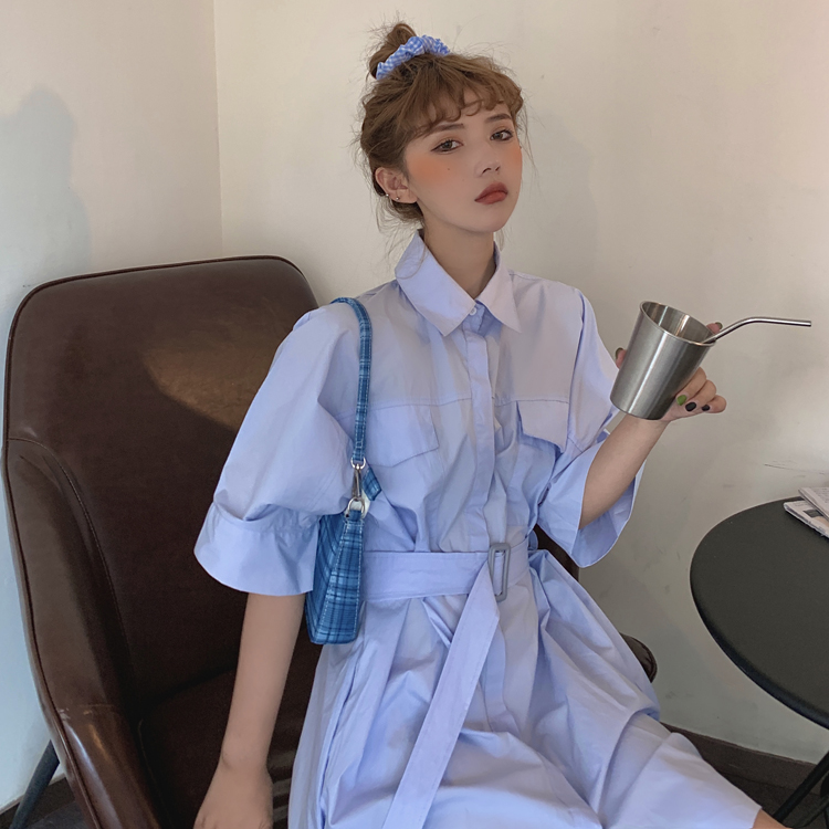 Real price ~ Korean summer collection waist show thin solid long short sleeve shirt skirt 2 colors