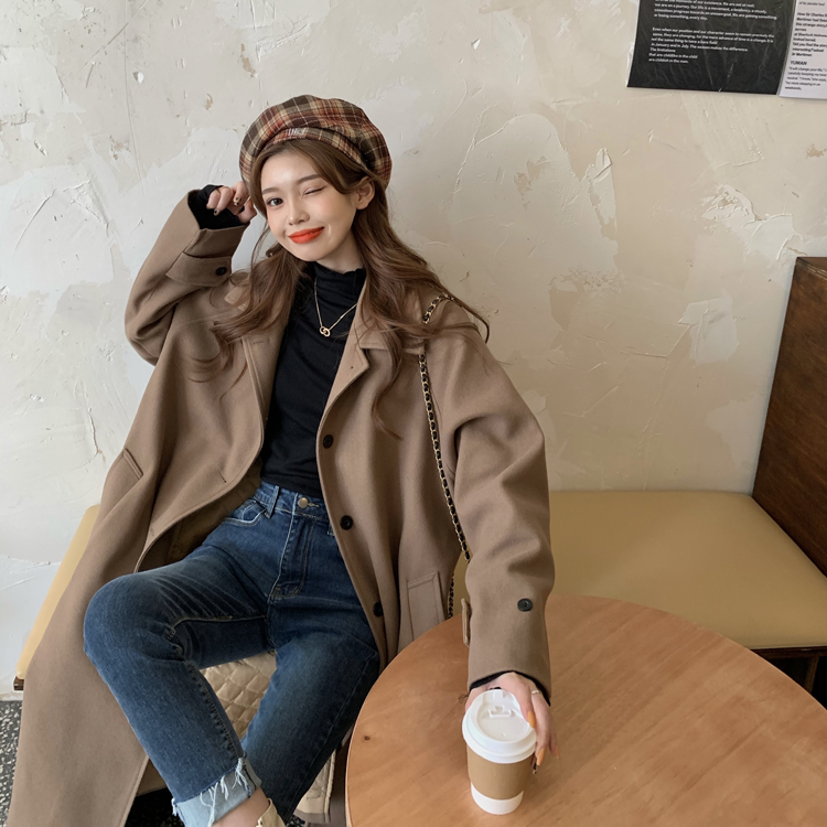 Real shot real price ~ Korean winter versatile mid length Cotton Lined Vintage woolen overcoat with 2 colors